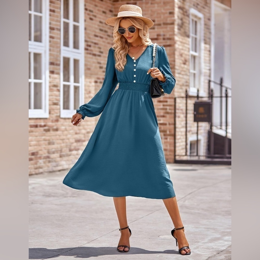 NEW Cobalt Blue Smocked Waist Long Puff Sleeve MIDI Dress